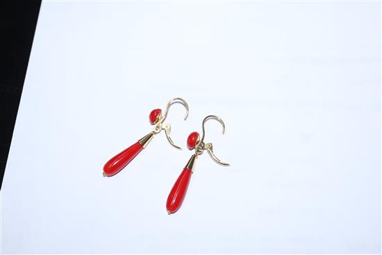 A modern pair of Italian 750 yellow metal and coral drop earrings, overall 41mm.